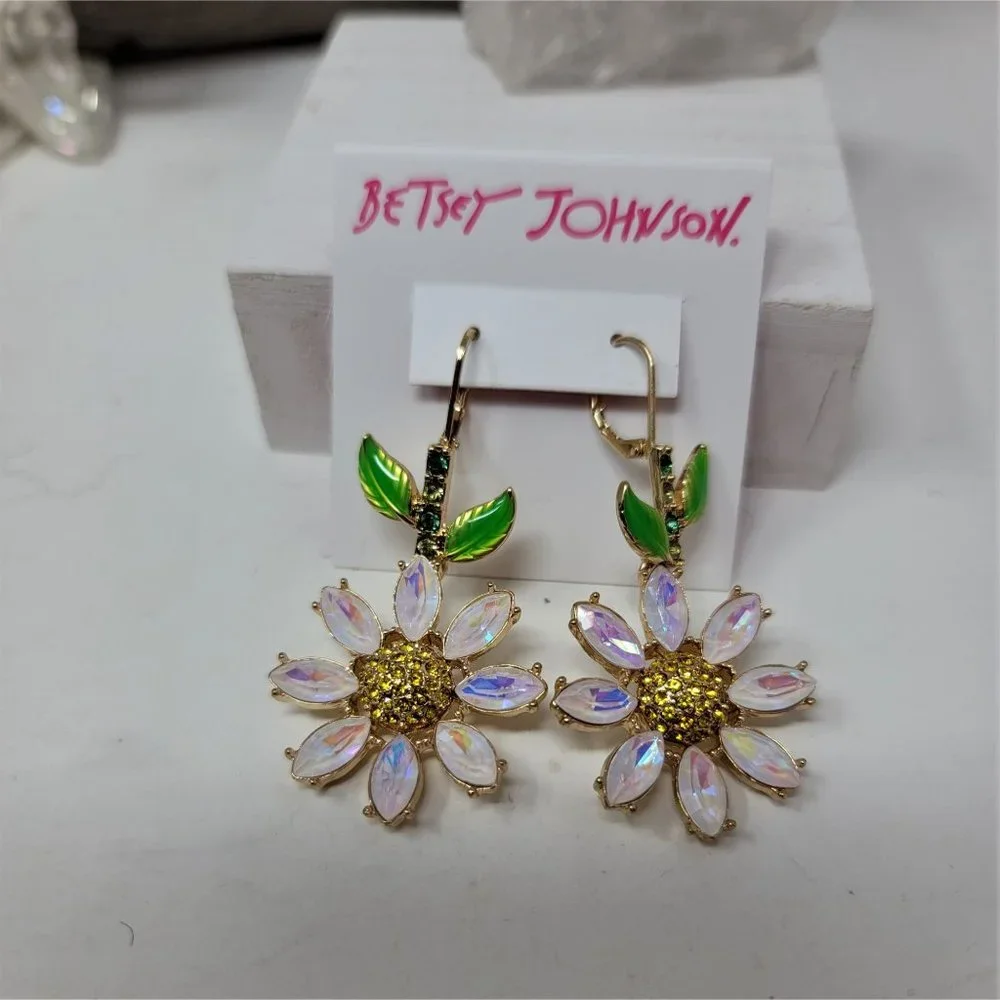 Betsey Johnson Rhinestone Flower Earrings Pierced Levier Backs - Picture 3 of 8